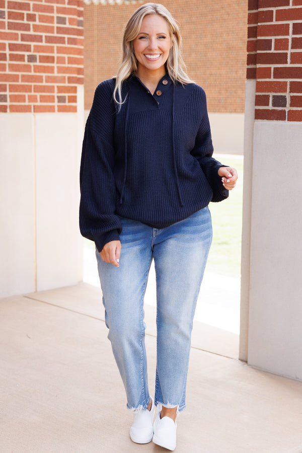 Chic Soul plus size clothing, dark navy knitted hoodie with bubble sleeves and button details