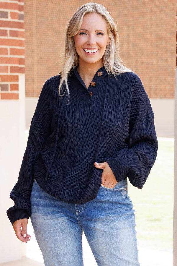 Chic Soul plus size clothing, dark navy knitted hoodie with bubble sleeves and button details