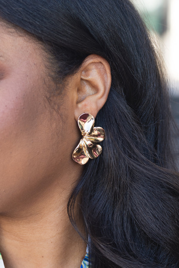 Chic Soul plus size clothing, gold half flower statement earrings 