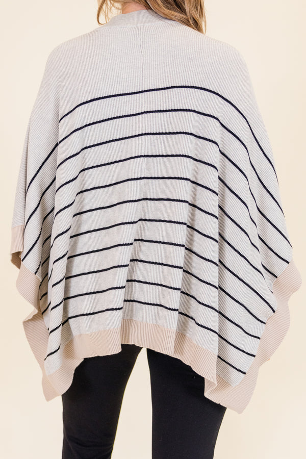 Chic Soul plus size clothing, taupe short sleeve knit poncho with tan band along edges and black stripe print with mock neckline