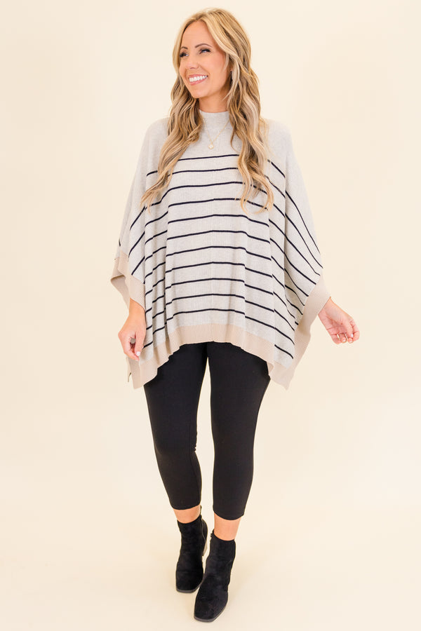 Chic Soul plus size clothing, taupe short sleeve knit poncho with tan band along edges and black stripe print with mock neckline