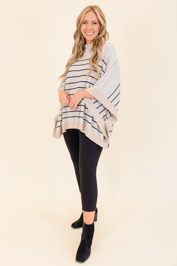 Chic Soul plus size clothing, taupe short sleeve knit poncho with tan band along edges and black stripe print with mock neckline