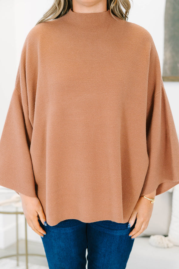 Plus Size brown ribbed knit sweater with a mock neckline and relaxed dolman sleeves.