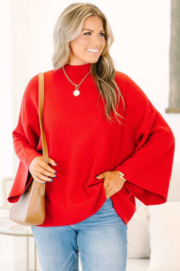 Plus Size wine red ribbed knit sweater with a mock neckline and wide bell sleeves.