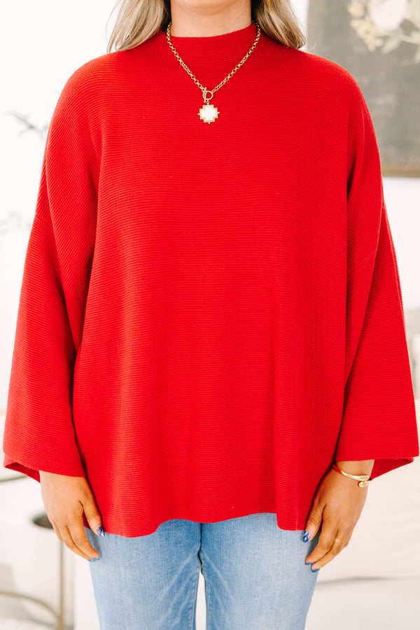 Plus Size wine red ribbed knit sweater with a mock neckline and wide bell sleeves.