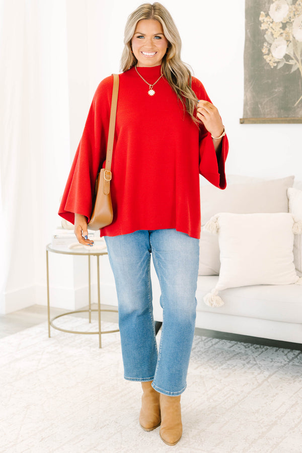 Plus Size wine red ribbed knit sweater with a mock neckline and wide bell sleeves.