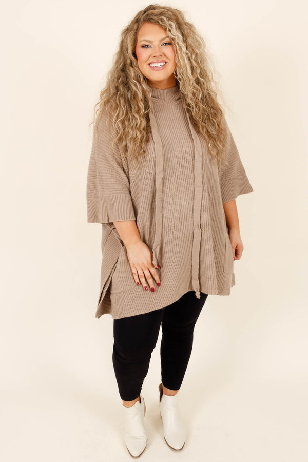 Chic Soul plus size clothing, taupe colored mid length sleeve sweater with texture and adjustable hood and oversized pockets detailing