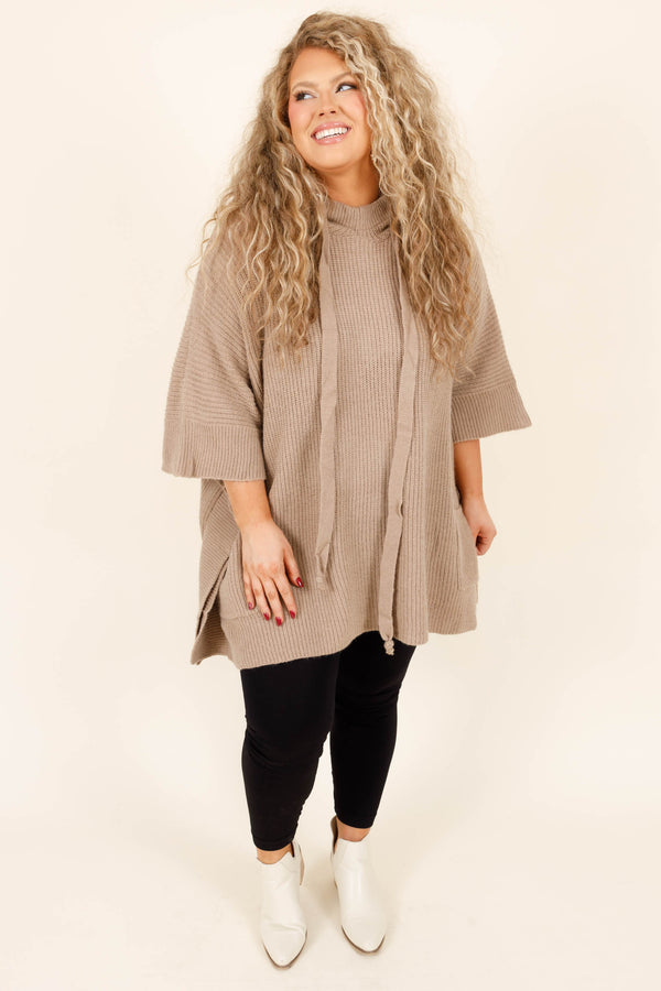 Chic Soul plus size clothing, taupe colored mid length sleeve sweater with texture and adjustable hood and oversized pockets detailing