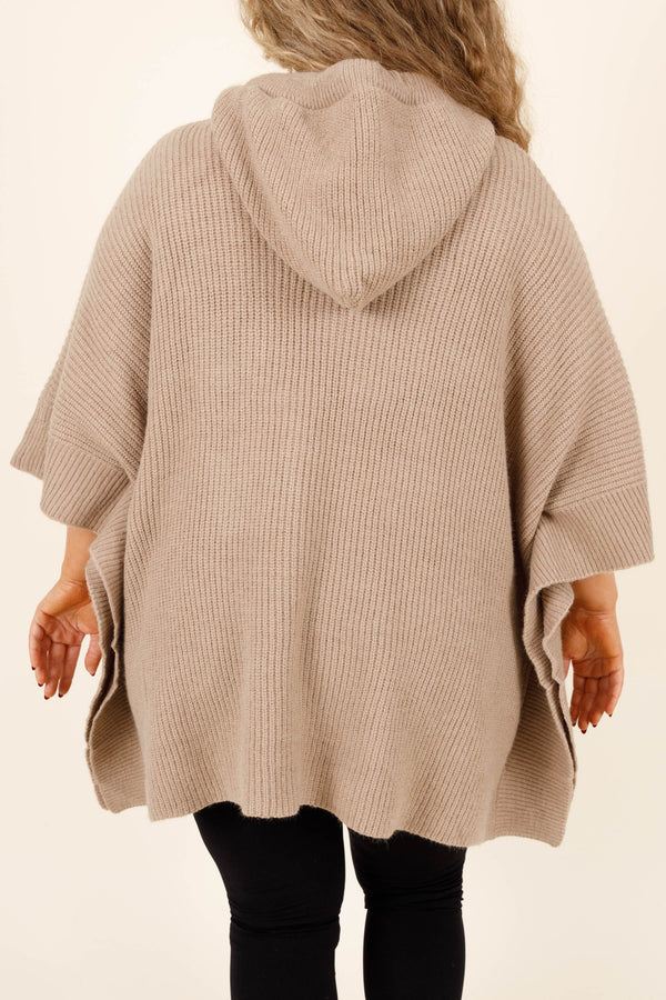 Chic Soul plus size clothing, taupe colored mid length sleeve sweater with texture and adjustable hood and oversized pockets detailing