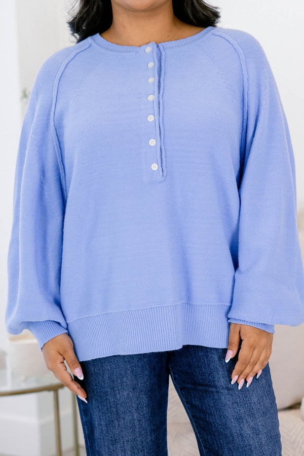 Chic Soul plus size clothing, blue long sleeve sweater with white buttons halfway down the front