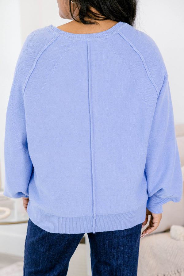 Chic Soul plus size clothing, blue long sleeve sweater with white buttons halfway down the front