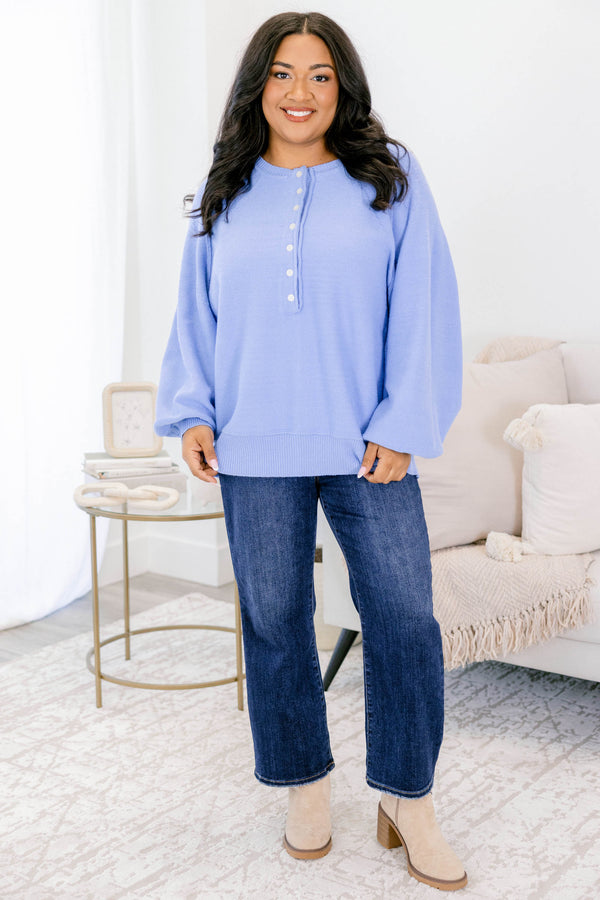 Chic Soul plus size clothing, blue long sleeve sweater with white buttons halfway down the front