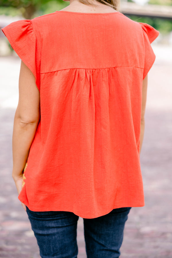 Chic Soul plus size clothing, orange short, flutter sleeve top with yellow floral embroidered detailing 