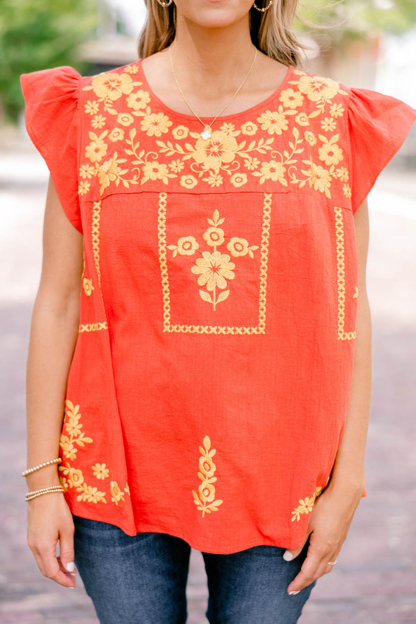 Chic Soul plus size clothing, orange short, flutter sleeve top with yellow floral embroidered detailing 