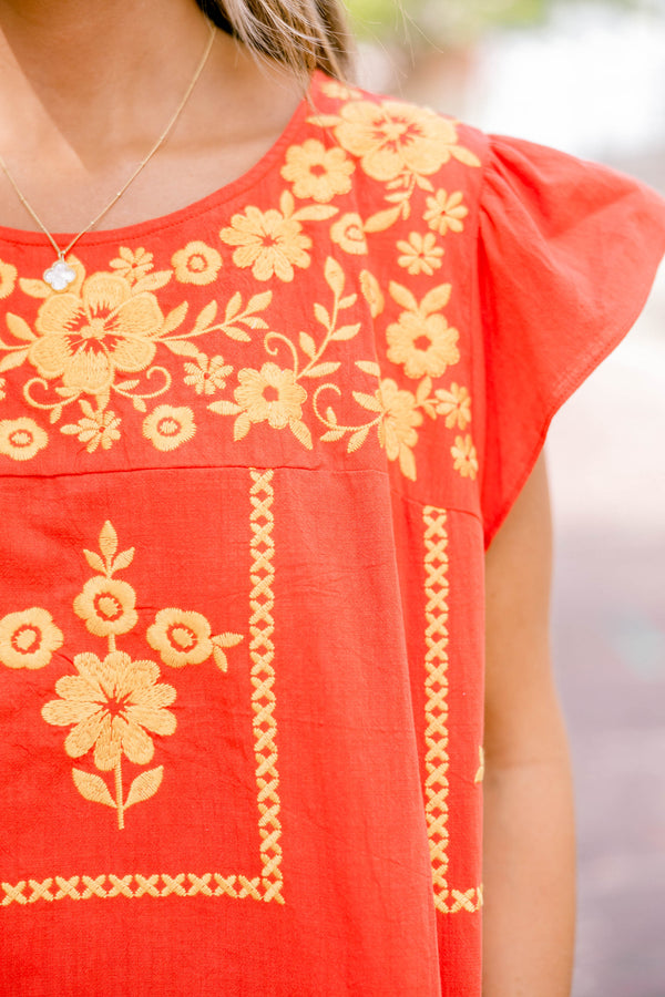 Chic Soul plus size clothing, orange short, flutter sleeve top with yellow floral embroidered detailing 