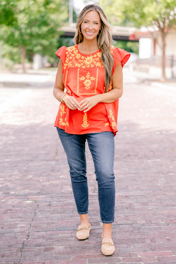 Chic Soul plus size clothing, orange short, flutter sleeve top with yellow floral embroidered detailing 