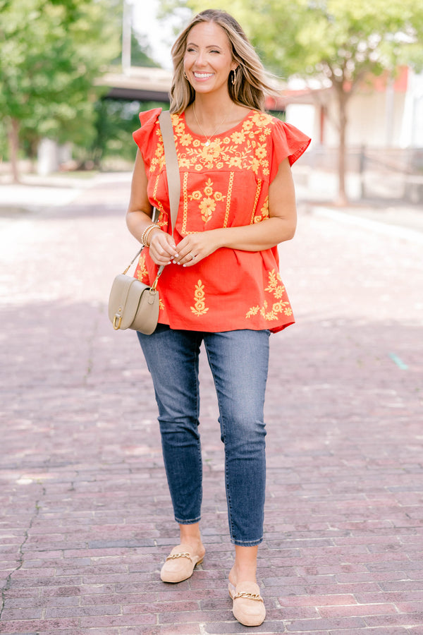 Chic Soul plus size clothing, orange short, flutter sleeve top with yellow floral embroidered detailing 