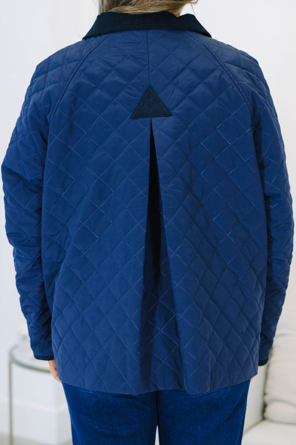 Plus size clothing, navy quilted jacket with snap buttons