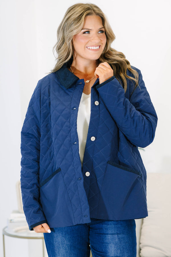 Plus size clothing, navy quilted jacket with snap buttons