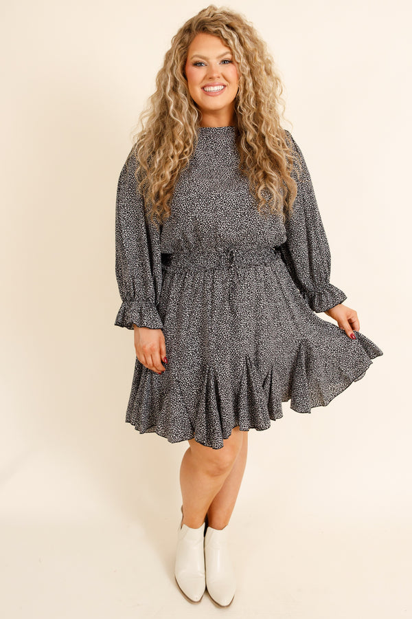 Chic Soul plus size clothing, black and white micro floral rompepr long sleeve sinches at waist blowy on the bottom dress like short length