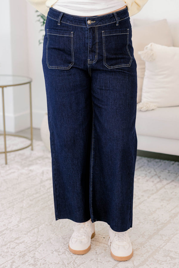 Chic Soul plus size clothing, dark wash straight leg jeans with front sailor pockets and a finished hem