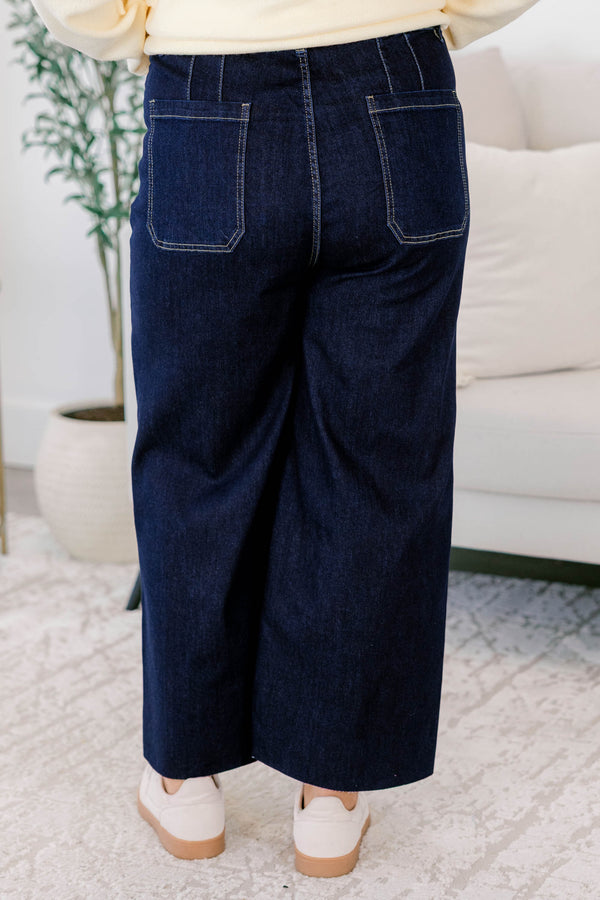 Chic Soul plus size clothing, dark wash straight leg jeans with front sailor pockets and a finished hem