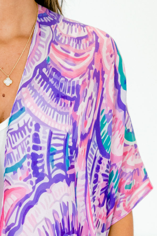 Chic Soul plus size clothing, short sleeve vibrant pink-blue kimono with purple swirled pattern 
