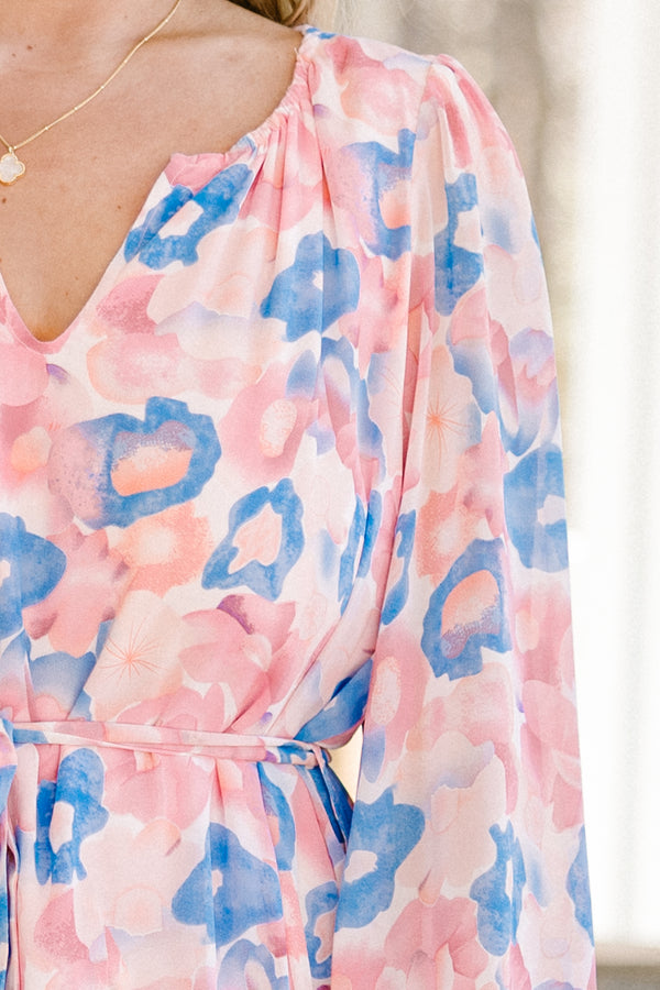 Chic Soul plus size clothing, long-sleeve-puffed pink multi-colored watercolor floral flowy short dress with a split-v-neckline and a tie on the waistline