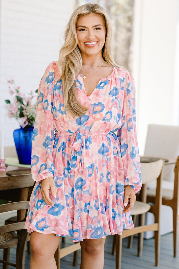 Chic Soul plus size clothing, long-sleeve-puffed pink multi-colored watercolor floral flowy short dress with a split-v-neckline and a tie on the waistline