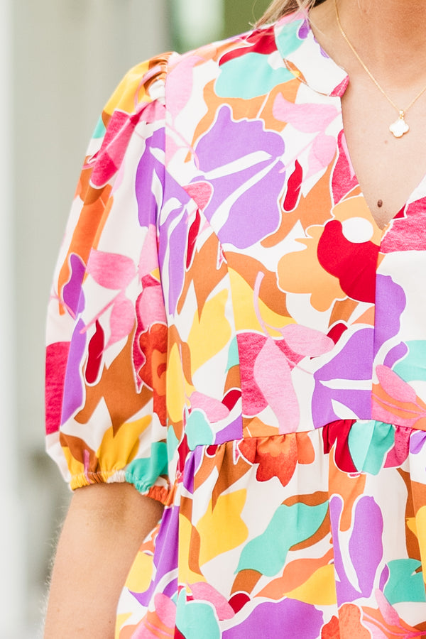 Chic Soul plus size clothing, short-puffed-sleeve cream blouse with a split neckline and a bright floral print pattern