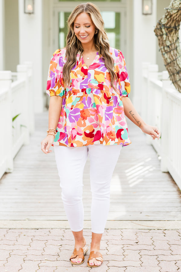 Chic Soul plus size clothing, short-puffed-sleeve cream blouse with a split neckline and a bright floral print pattern