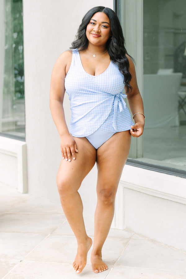 Chic Soul plus size clothing, wrap style blue and white gingham tankini top
