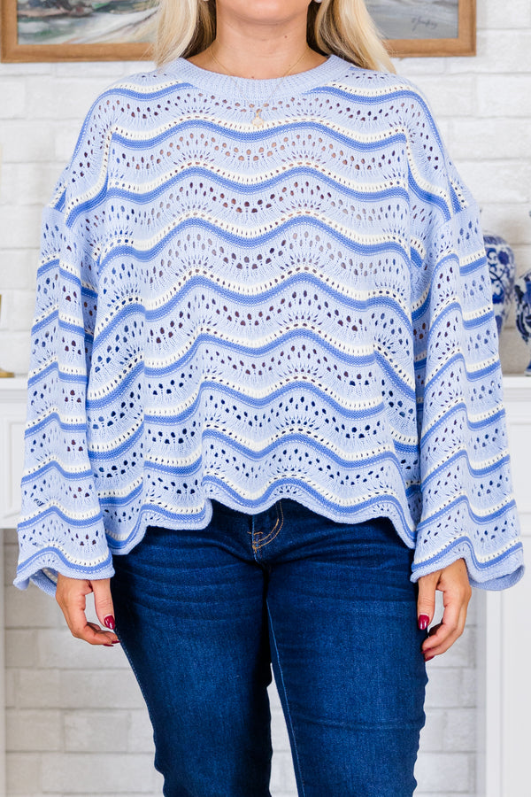 Chic Soul plus size clothing, long-sleeve multi-colored blue crochet sweater with wavy detailing and bell sleeves
