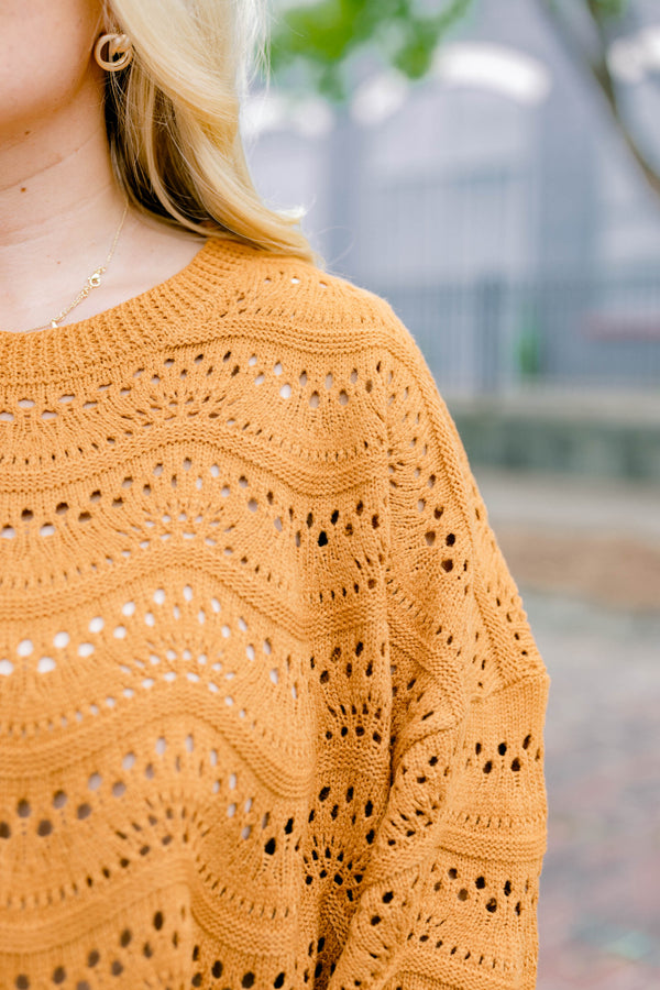 Chic Soul plus size clothing, tan long sleeve slightly cropped loose knit sweater with wavy knit texture
