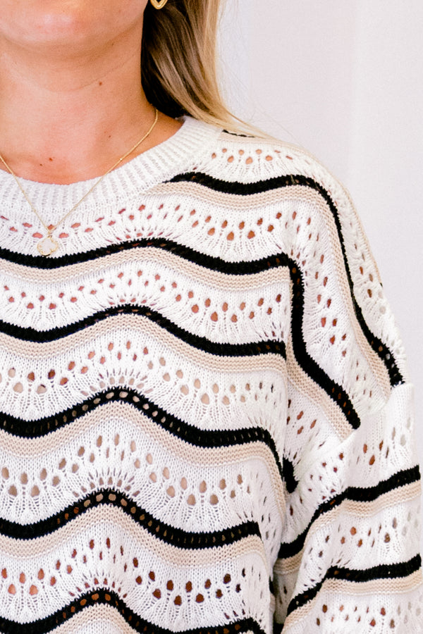 Chic Soul plus size clothing, white black and tan chevron print knit long sleeve sweater