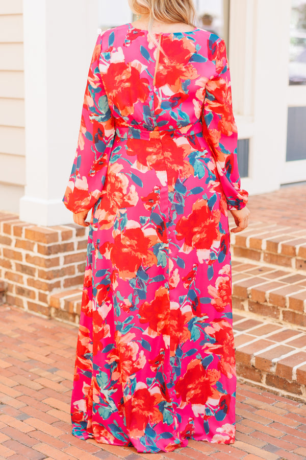 Chic Soul plus size clothing, fuchsia floral pattern maxi dress with bubble sleeves and a high slit on left leg