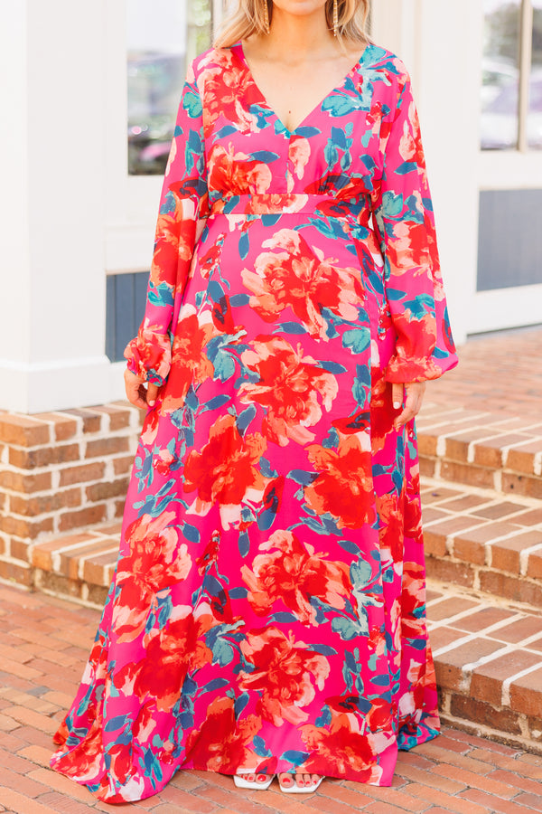 Chic Soul plus size clothing, fuchsia floral pattern maxi dress with bubble sleeves and a high slit on left leg