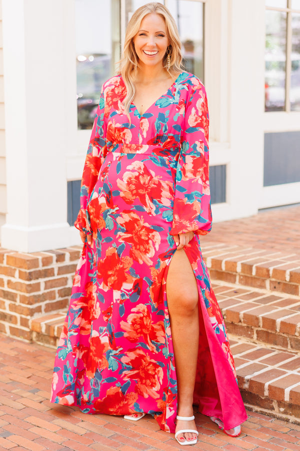 Chic Soul plus size clothing, fuchsia floral pattern maxi dress with bubble sleeves and a high slit on left leg