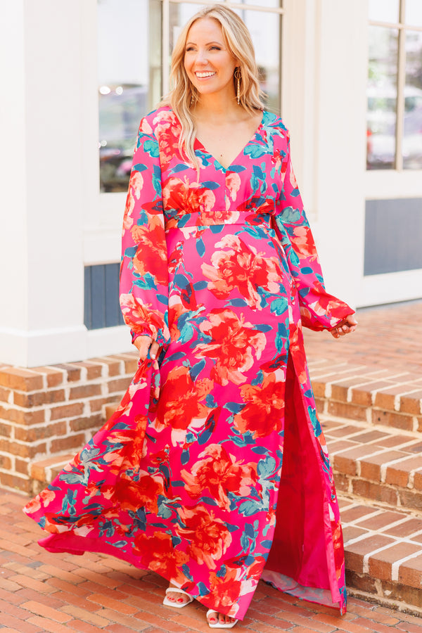 Chic Soul plus size clothing, fuchsia floral pattern maxi dress with bubble sleeves and a high slit on left leg