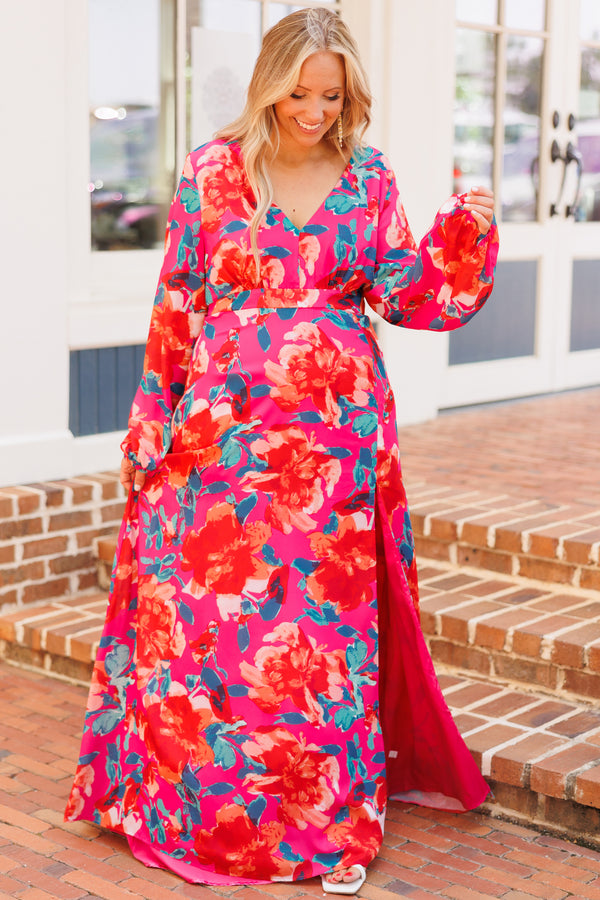 Chic Soul plus size clothing, fuchsia floral pattern maxi dress with bubble sleeves and a high slit on left leg