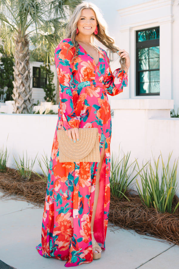 Chic Soul plus size clothing, fuchsia floral pattern maxi dress with bubble sleeves and a high slit on left leg