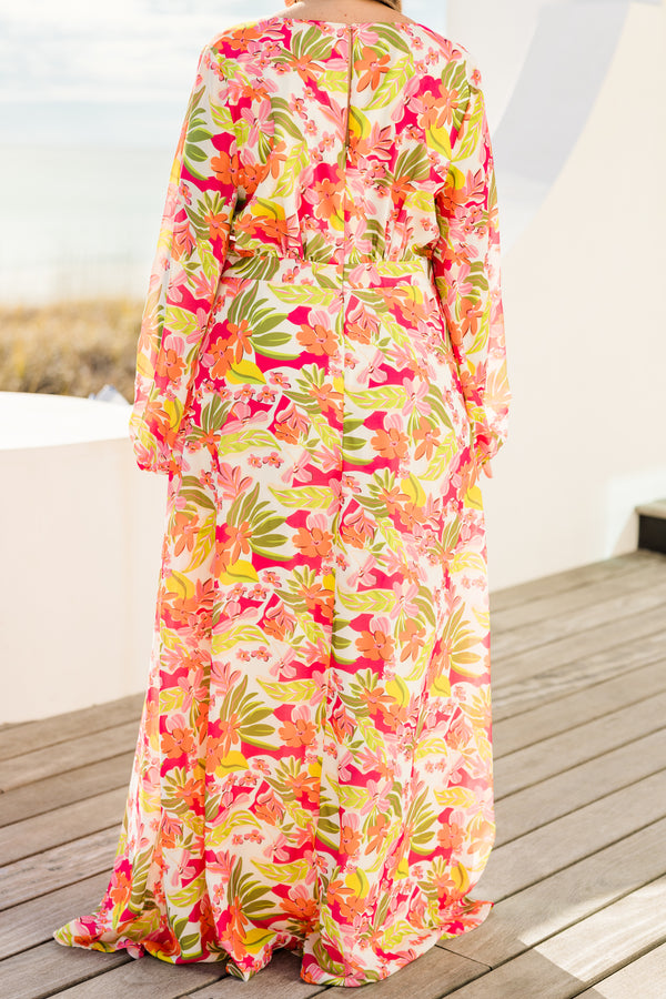 Chic Soul plus size clothing, long-sleeve tropical fuchsia maxi dress with a deep-v-neckline and a slit on the side of the dress with a tropical pink floral pattern 