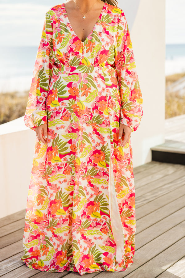 Chic Soul plus size clothing, long-sleeve tropical fuchsia maxi dress with a deep-v-neckline and a slit on the side of the dress with a tropical pink floral pattern 