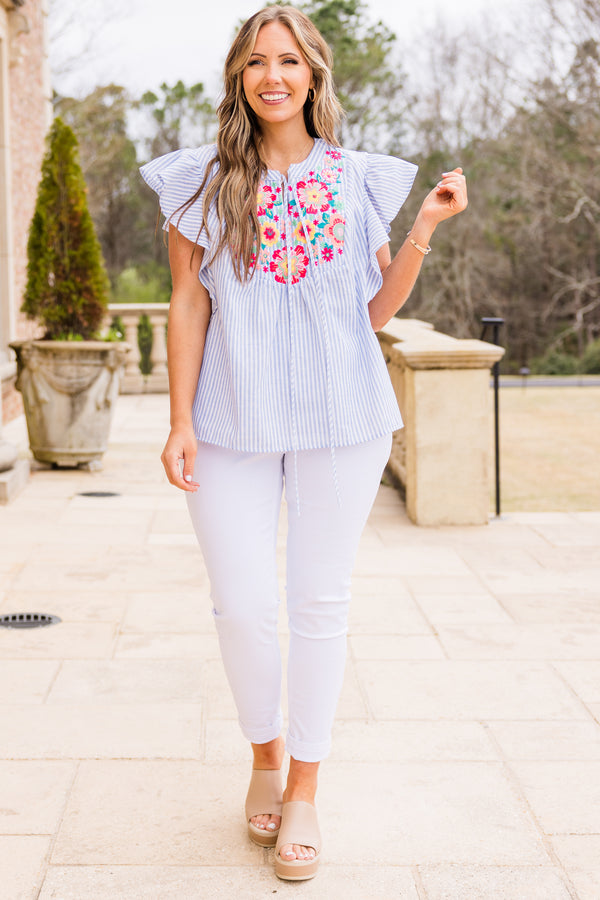 Chic Soul plus size clothing, light denim stripe short sleeve top with ruffle sleeves and v cutout along neckline with drawstring detail and floral design along chest