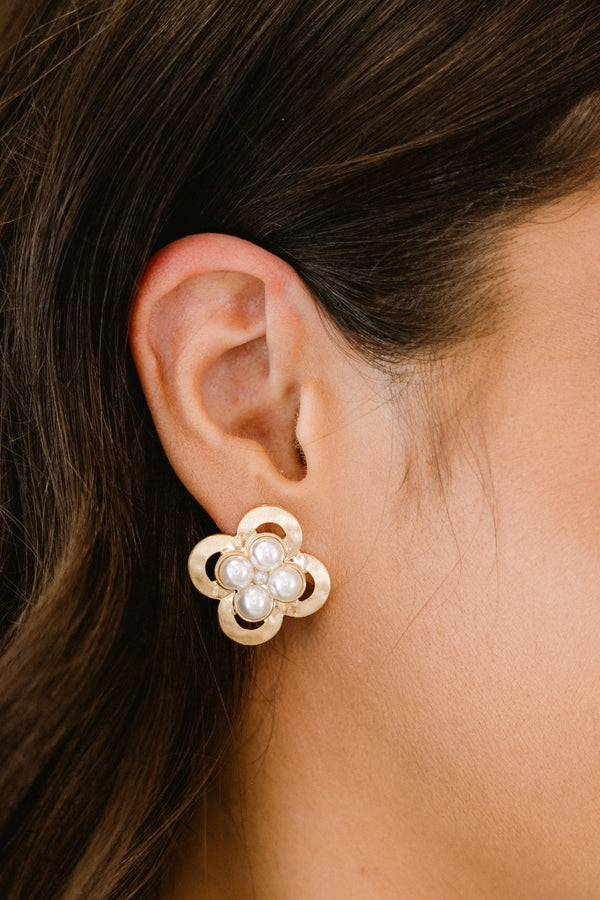 Chic Soul plus size clothing, gold loop clover stud earrings with inset pearls