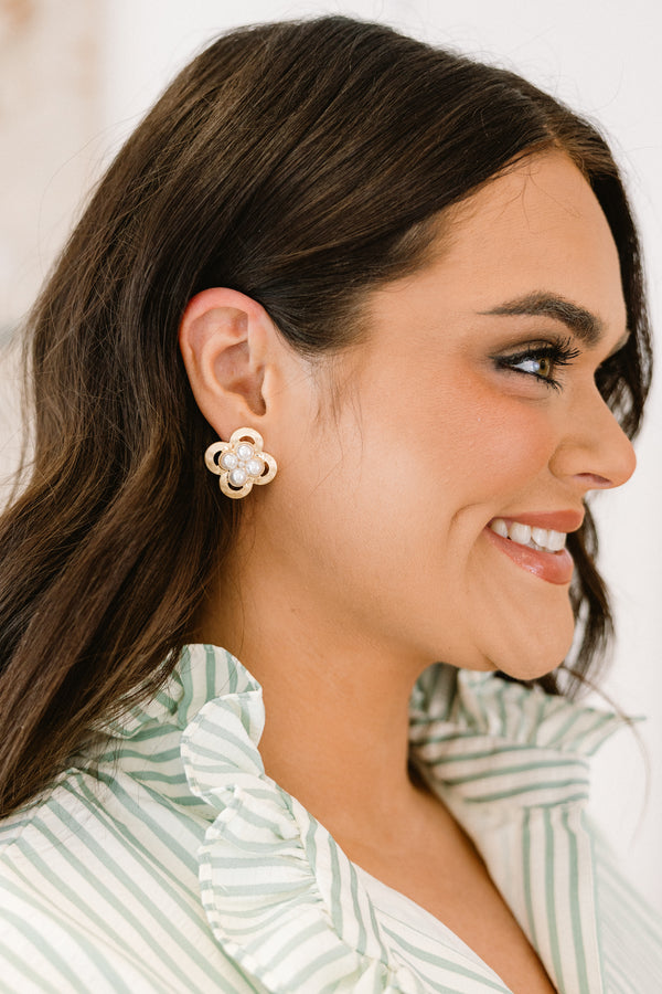 Chic Soul plus size clothing, gold loop clover stud earrings with inset pearls