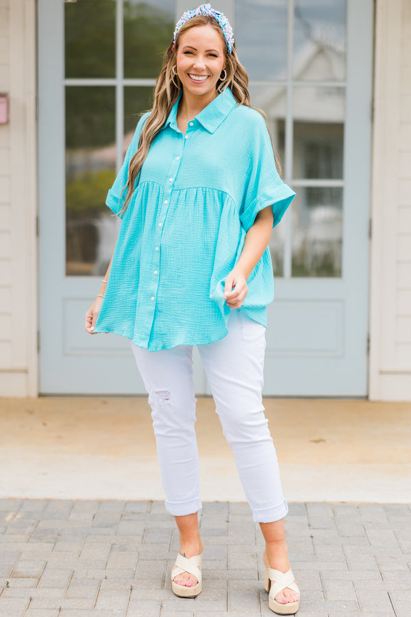 Chic Soul plus size clothing, blue radiance short sleeve linen top with button up detail with collar and cuff sleeves