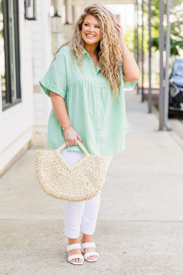 Chic Soul plus size clothing, short sleeve collared sage green top with white button details