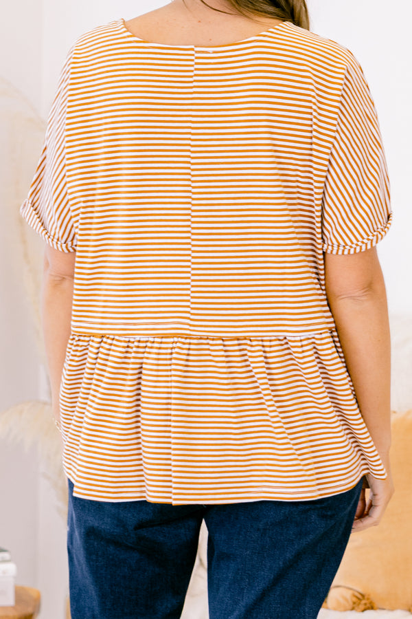 Chic Soul plus size clothing, taupe ivory stripped short sleeve babydoll style shirt