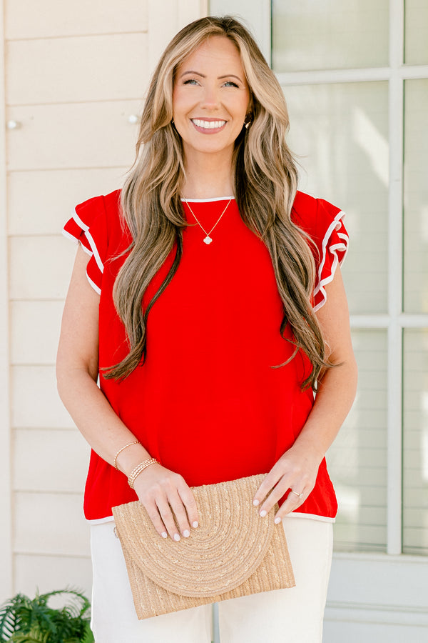 Chic Soul plus size clothing, short-flutter-sleeve bright red top with a halter neck and a subtle white trim along the neckline and sleeves 